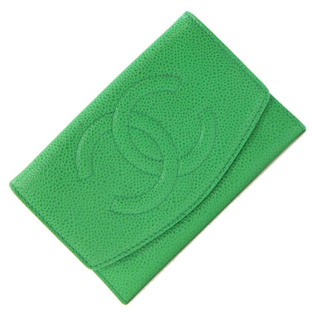 CHANEL Authentic Green Caviar Leather Logo Wallet
